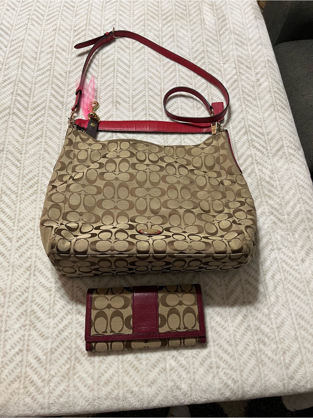 Coach Tan Signature Canvas Shoulder Bag with Wine Leather Trim & Matching Wallet